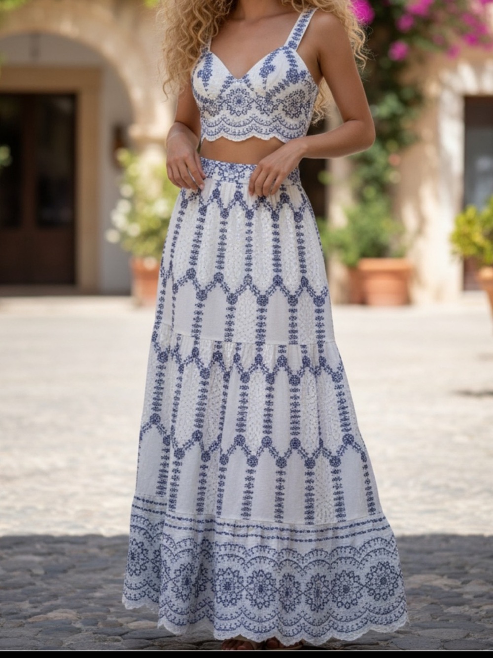 NWT-COMMENSE White and Blue Embroidered Maxi Skirt & Top set